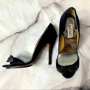 New Badgley Mishka Black Satin Open Toe Stilleto 7